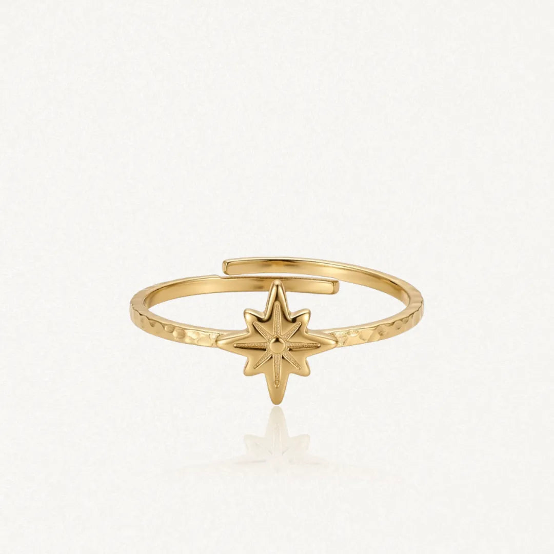 Bague ajustable en acier inoxydable doré. L'anneau martelé est orné d'une étoile rose des vents finement gravée.