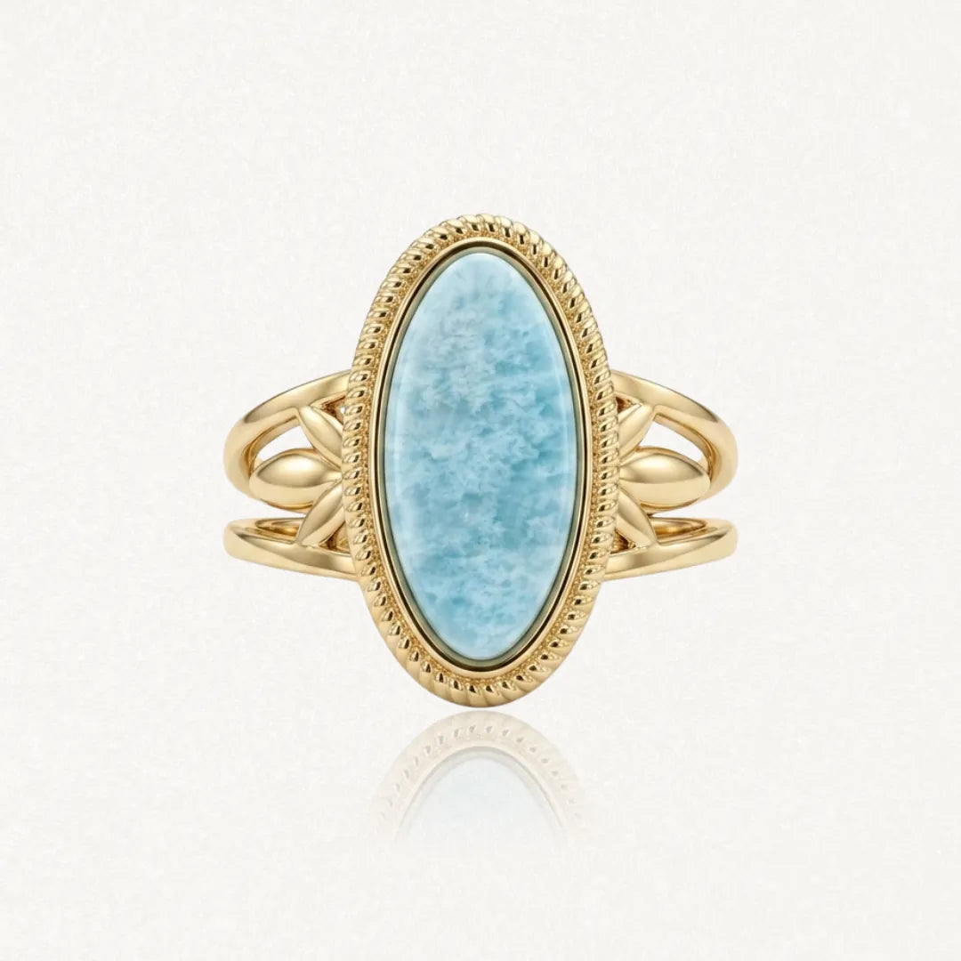 Bague en acier inoxydable doré, sertissage tressé, pierre naturelle Amazonite ovale bleu clair veinée de blanc, monture