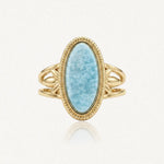 Bague en acier inoxydable doré, sertissage tressé, pierre naturelle Amazonite ovale bleu clair veinée de blanc, monture