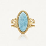Bague en acier inoxydable doré, sertissage tressé, pierre naturelle Amazonite ovale bleu clair veinée de blanc, monture
