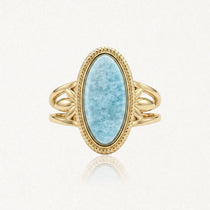 Bague en acier inoxydable doré, sertissage tressé, pierre naturelle Amazonite ovale bleu clair veinée de blanc, monture