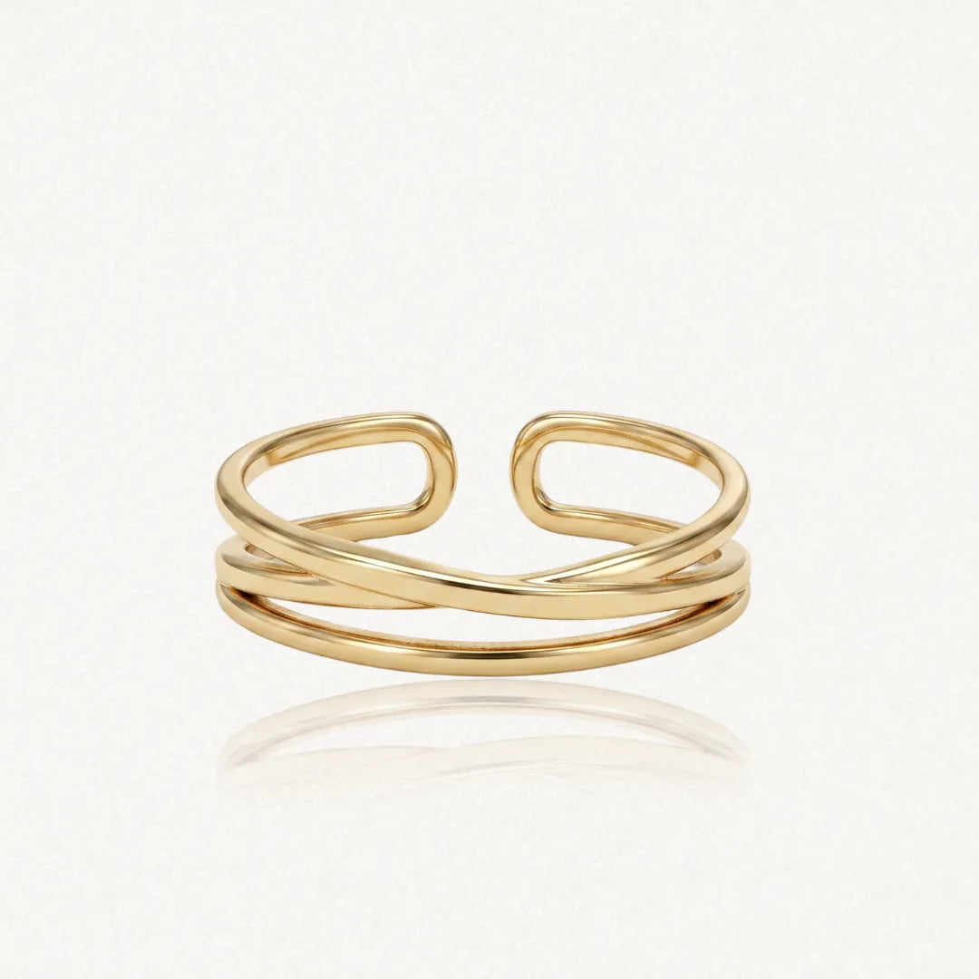 Bague multi-rangs minimaliste ajustable en acier inoxydable doré brillant.