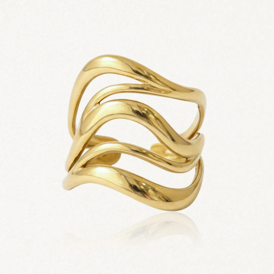 Bague en acier inoxydable doré, design ondulé à trois bandes lisses et brillantes sur fond blanc.