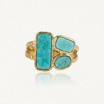 Bague dorée à double anneau, ornée de 3 pierres d'amazonite bleu-vert. Une grande rectangulaire, une petite rectangulaire et