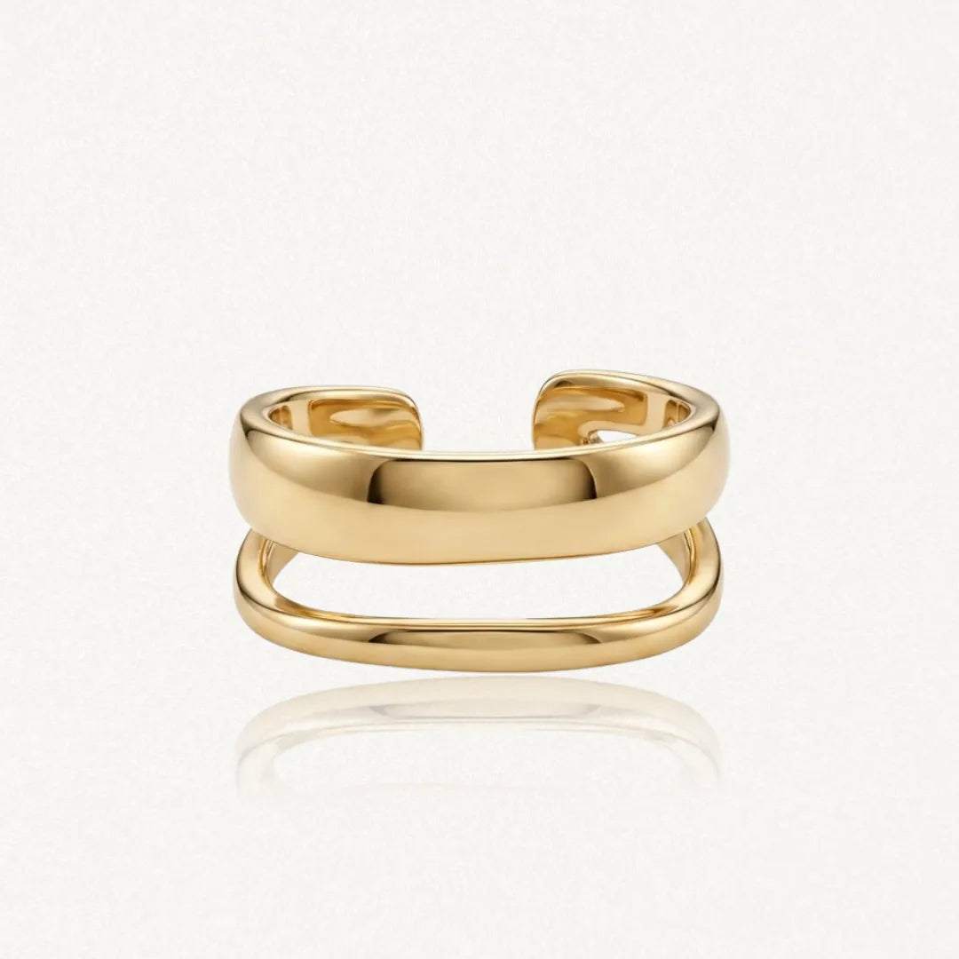 Bague double anneau ouvert en acier inoxydable dore (0,9 cm), un anneau large et un fin.