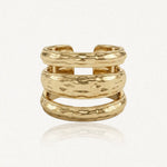 Bague ajustable en acier inoxydable doré, texturée martelée, à trois bandes.