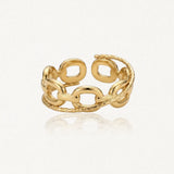 Bague ajustable en acier inoxydable doré, design chaîne maille brillante avec maillons et bordures tressées.