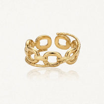 Bague ajustable en acier inoxydable doré, design chaîne maille brillante avec maillons et bordures tressées.