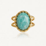 Bague en acier inoxydable doré, pierre naturelle Amazonite ovale facettée, motif torsadé, double anneau.