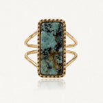 Bague en acier inoxydable doré à double anneau avec une pierre naturelle rectangulaire de Jade Blanc et Amazonite.