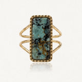 Bague en acier inoxydable doré à double anneau avec une pierre naturelle rectangulaire de Jade Blanc et Amazonite.