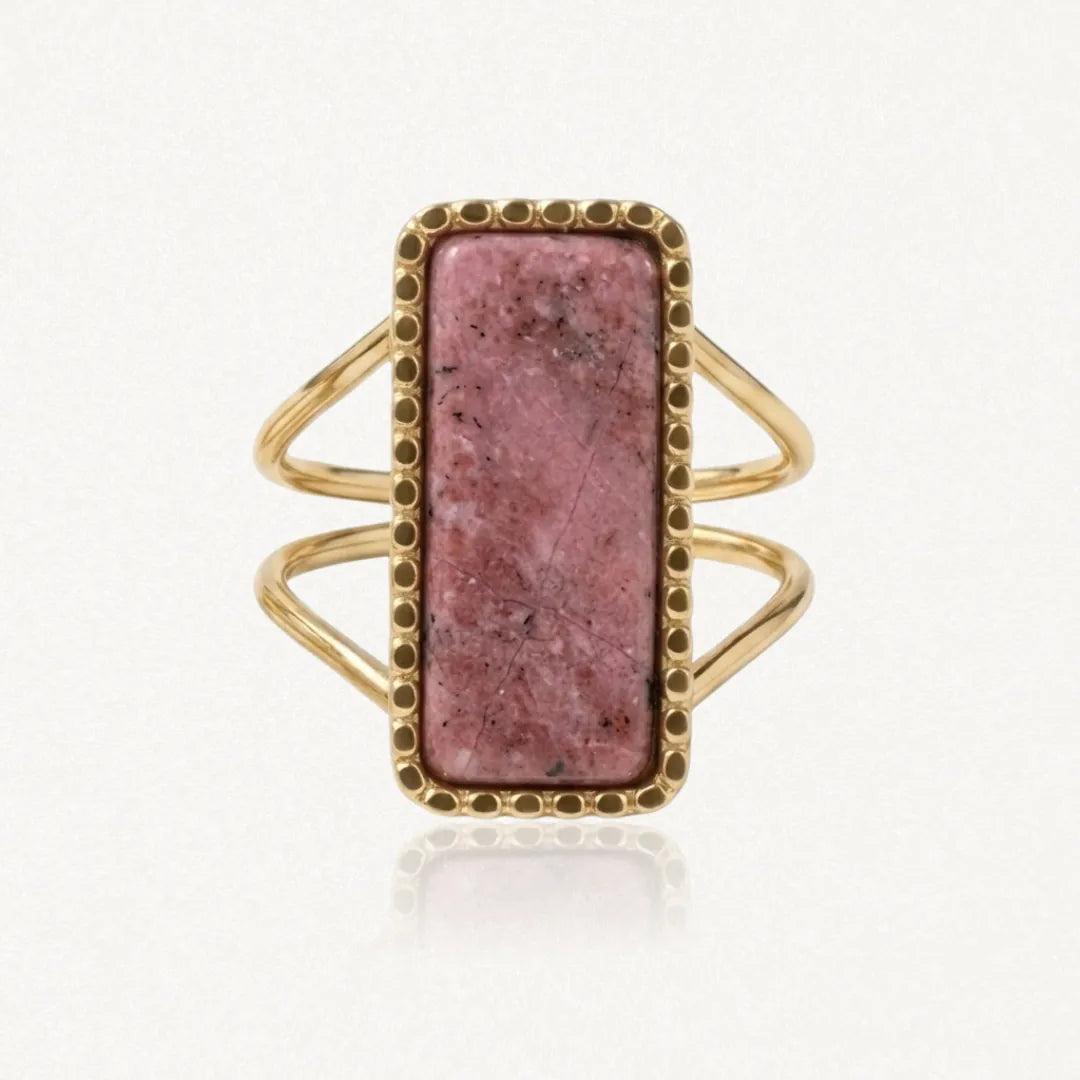 Bague ajustable en acier inoxydable doré, pierre naturelle rectangulaire rose veinée, liseré perlé (Jade Blanc et Amazonite).