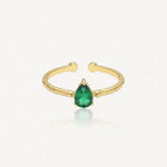Bague Leandra ajustable en acier inoxydable doré avec une pierre verte en forme de goutte et un anneau texturé