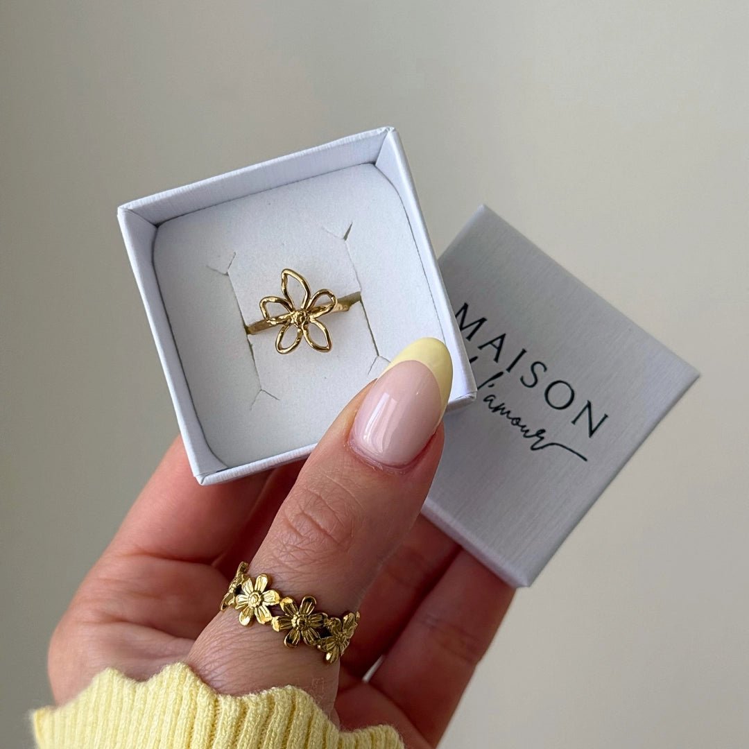 Bague en acier inoxydable doré, motif fleur ajourée, présentée dans une boîte blanche. Main avec autre bague florale.