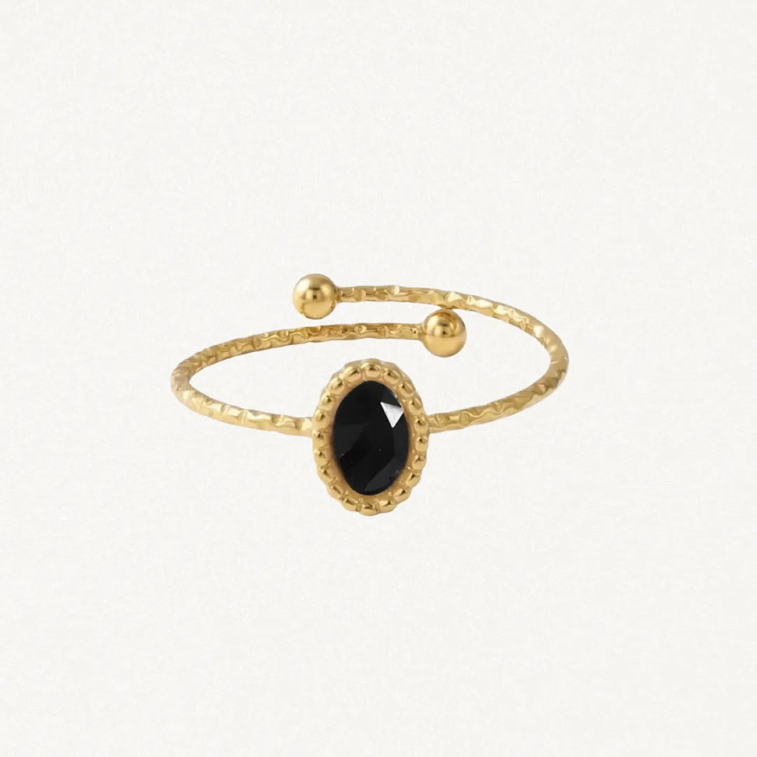 Bague ajustable en acier inoxydable doré martelé, avec une pierre naturelle noire ovale facettée et deux billes aux