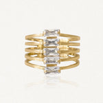 Bague manchette multirangs en acier inoxydable doré, ornée de cinq pierres baguette en Zirconium.