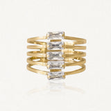 Bague manchette multirangs en acier inoxydable doré, ornée de cinq pierres baguette en Zirconium.