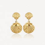 Boucles d'oreilles pendantes dorées en acier inoxydable, double coquillage, étoile de mer et bulles, style marin.