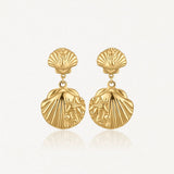 Boucles d'oreilles pendantes dorées en acier inoxydable, double coquillage, étoile de mer et bulles, style marin.