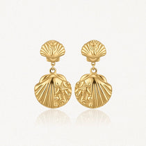 Boucles d'oreilles pendantes dorées en acier inoxydable, double coquillage, étoile de mer et bulles, style marin.
