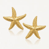 Boucles d'oreilles étoile de mer en acier inoxydable doré, surface granulée, style marin.