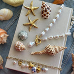 Paire de boucles d'oreilles étoiles de mer brillantes en acier inoxydable doré, collier de perles irrégulières, bracelet à