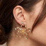 Boucles d'oreilles fleurs martelées en acier inoxydable doré, portées par une femme.