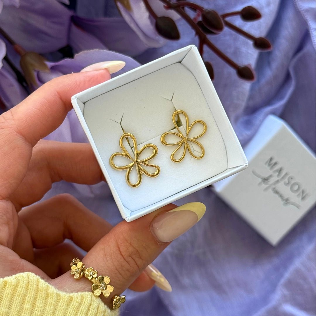 Paire de boucles d'oreilles dorées en acier inoxydable, motif fleur ajourée, présentées dans une boîte blanche.