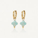 Paire de boucles d'oreilles créoles en acier inoxydable doré, pendentifs trèfles en pierre naturelle bleu-vert veinée, boule