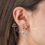 Deux boucles d'oreilles créoles en acier inoxydable doré sur une oreille. L'une avec agate blanche, l'autre avec amazonite