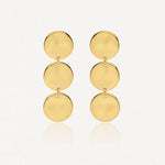 Deux boucles d'oreilles pendantes dorées, chacune composée de trois disques circulaires brillants et plats, reliés