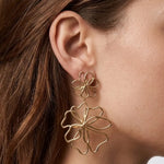 Une double boucle d'oreille pendante en forme de fleurs originales, en acier inoxydable doré, portée sur l'oreille d'une