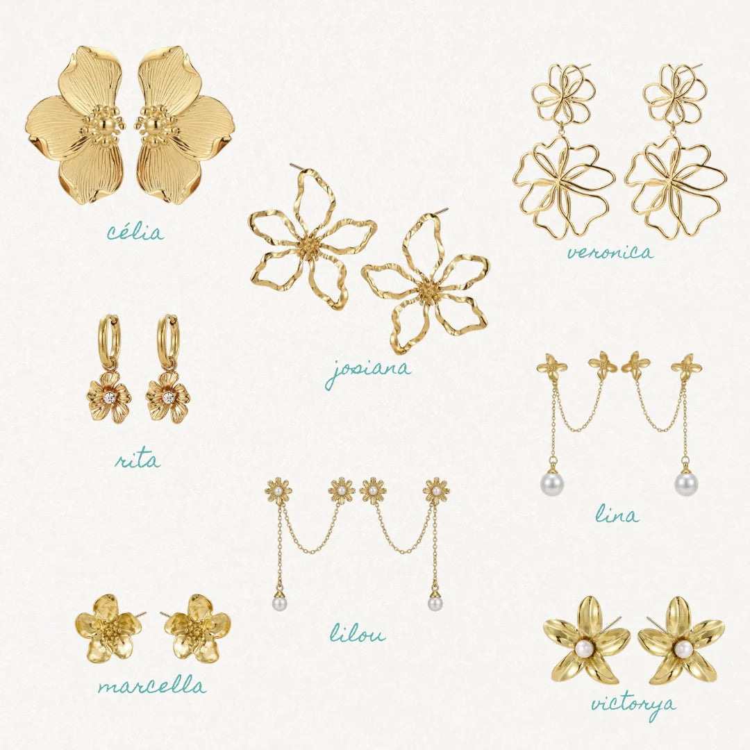 Boucles d'oreilles puces en forme de fleurs en acier inoxydable doré, avec perle blanche au centre.
