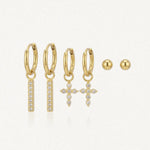 Trio de boucles d'oreilles en acier inoxydable doré: créoles barrettes zirconium, créoles croix zirconium et puces billes.