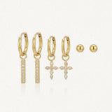 Trio de boucles d'oreilles en acier inoxydable doré: créoles barrettes zirconium, créoles croix zirconium et puces billes.
