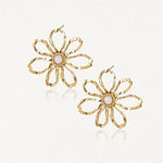 Deux boucles d'oreilles fleur en acier inoxydable doré avec des pétales ajourés et un cabochon central en nacre rose pâle.