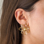 Boucle d'oreille fleur ajourée en acier inoxydable doré avec centre en nacre, portée sur une oreille.