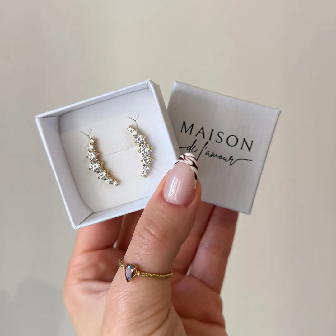 Boucles d'oreilles Luna en acier inoxydable doré avec strass en zirconium dans leur écrin blanc Maison de l'amour