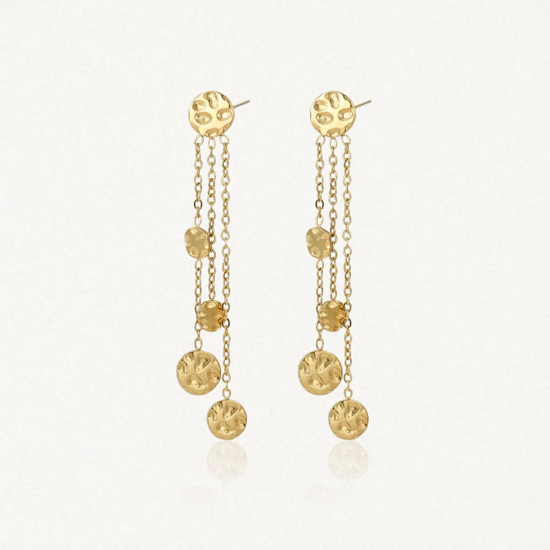 Paire de boucles d'oreilles pendantes de 5 cm en acier inoxydable doré, avec disques ronds martelés suspendus par des