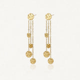 Paire de boucles d'oreilles pendantes de 5 cm en acier inoxydable doré, avec disques ronds martelés suspendus par des