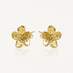 Paire de puces d'oreilles fleurs de cerisier en acier inoxydable doré, aux pétales texturés et centre granuleux.