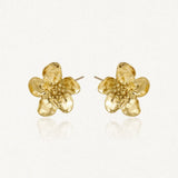 Paire de puces d'oreilles fleurs de cerisier en acier inoxydable doré, aux pétales texturés et centre granuleux.
