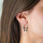 Boucle d'oreille créole en acier inoxydable doré, ornée d'une perle et de billes facettées bleues, sur l'oreille d'une femme.