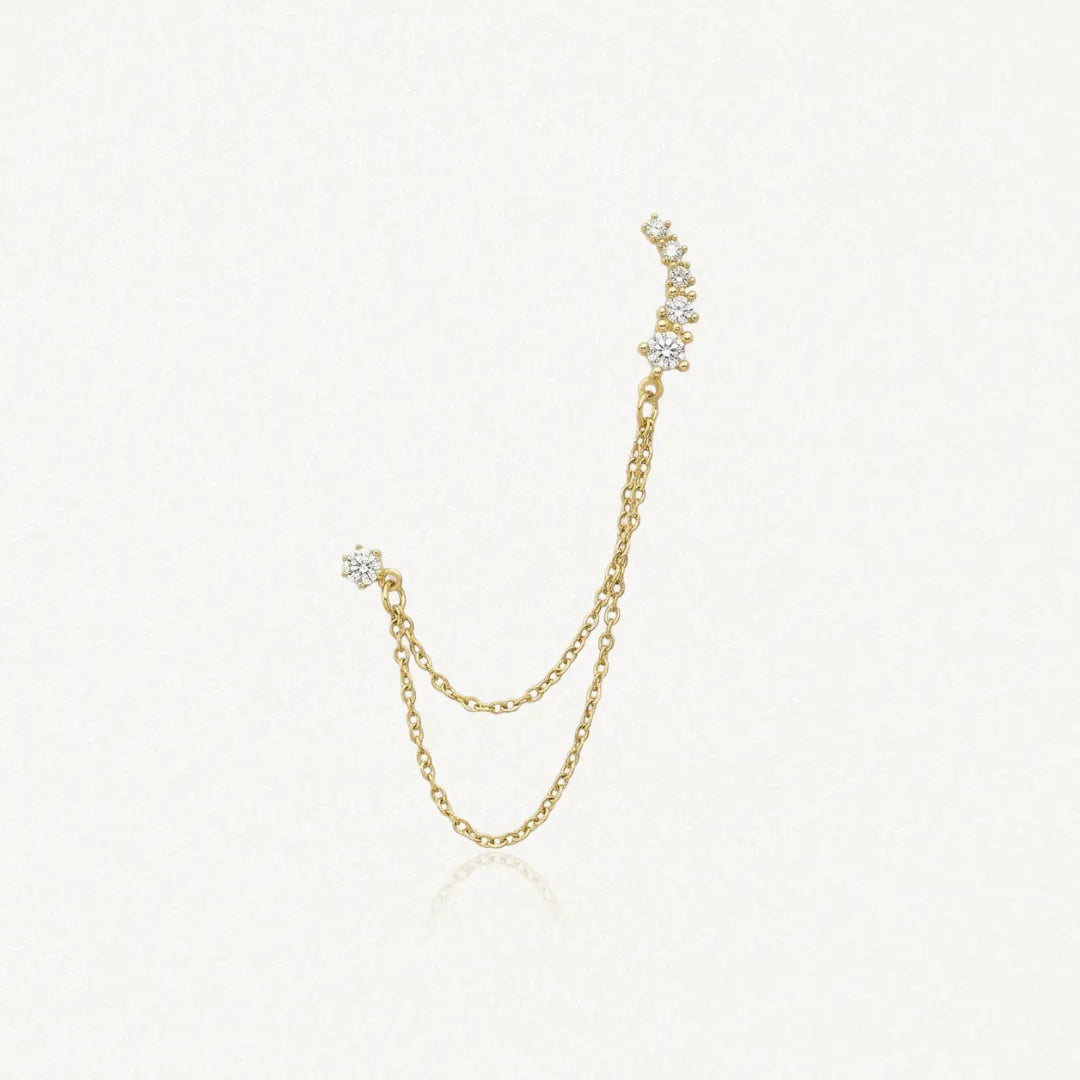 Boucles d'oreilles Sixtine en acier inoxydable doré, ornées de strass en zirconium et de deux chaînes pendantes