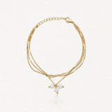 Bracelet multicouche en acier inoxydable doré, 3 chaînes délicates avec pendentif 3 perles d'eau douce.