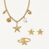 Parure en acier inoxydable doré: collier à pendentifs coquillages et étoiles de mer (une blanche), boucles d'oreilles et