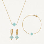 Parure: collier, bracelet, boucles d'oreilles acier inoxydable doré, motifs trèfle en pierre naturelle amazonite.