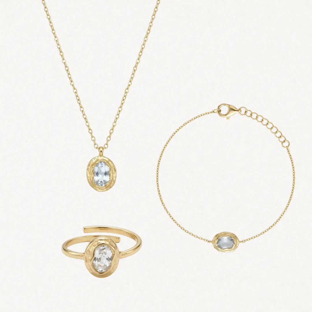 Coffret KENDALL comprenant un collier, un bracelet et une bague en acier inoxydable doré avec des strass zirconium