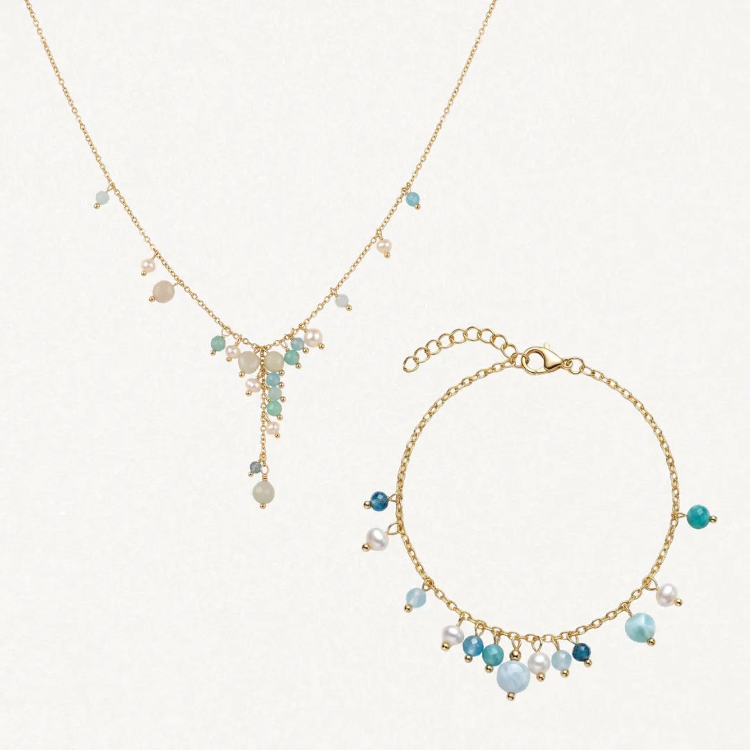 Collier cravate et bracelet en acier inoxydable doré, ornés de perles et de pierres naturelles amazonite.