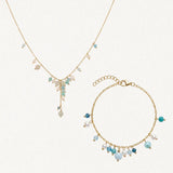 Collier cravate et bracelet en acier inoxydable doré, ornés de perles et de pierres naturelles amazonite.